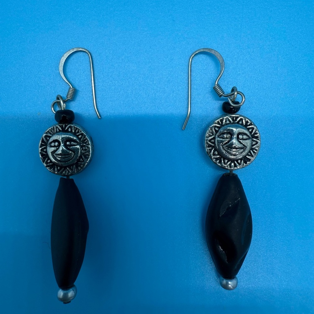 Sun Design Silver and Black Earrings